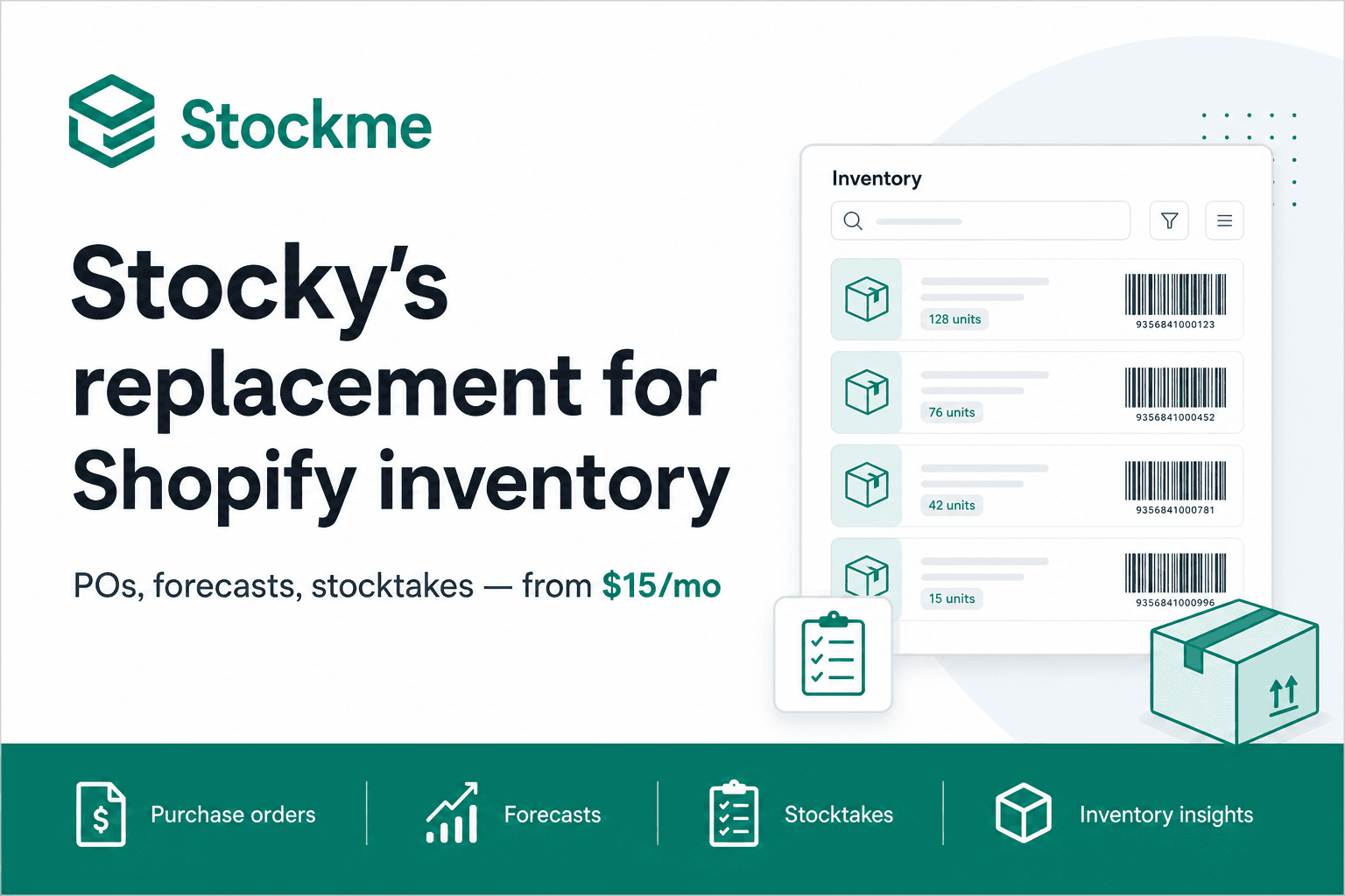 Stockme — Stocky's replacement for Shopify inventory. POs, forecasts, stocktakes from $15/mo.