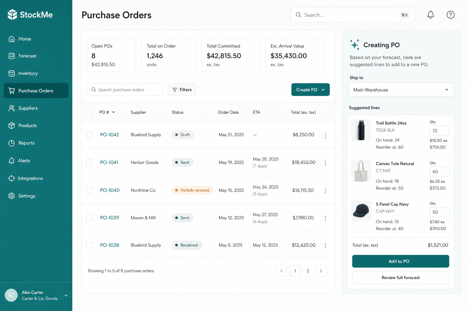 Stockme purchase orders screen